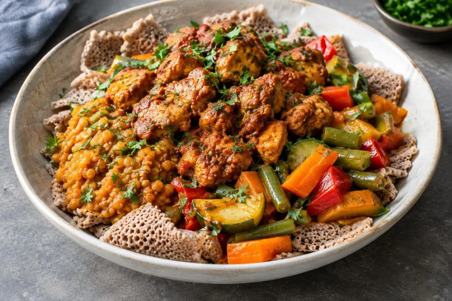 Ethiopian Spiced Injera Grain Bowl with Berbere Chicken and Seasonal Vegetables plated and ready to serve