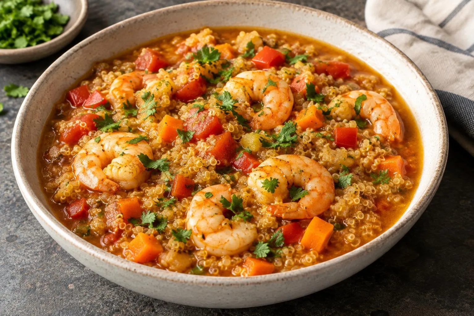Peruvian Quinoa & Shrimp Stew plated and ready to serve