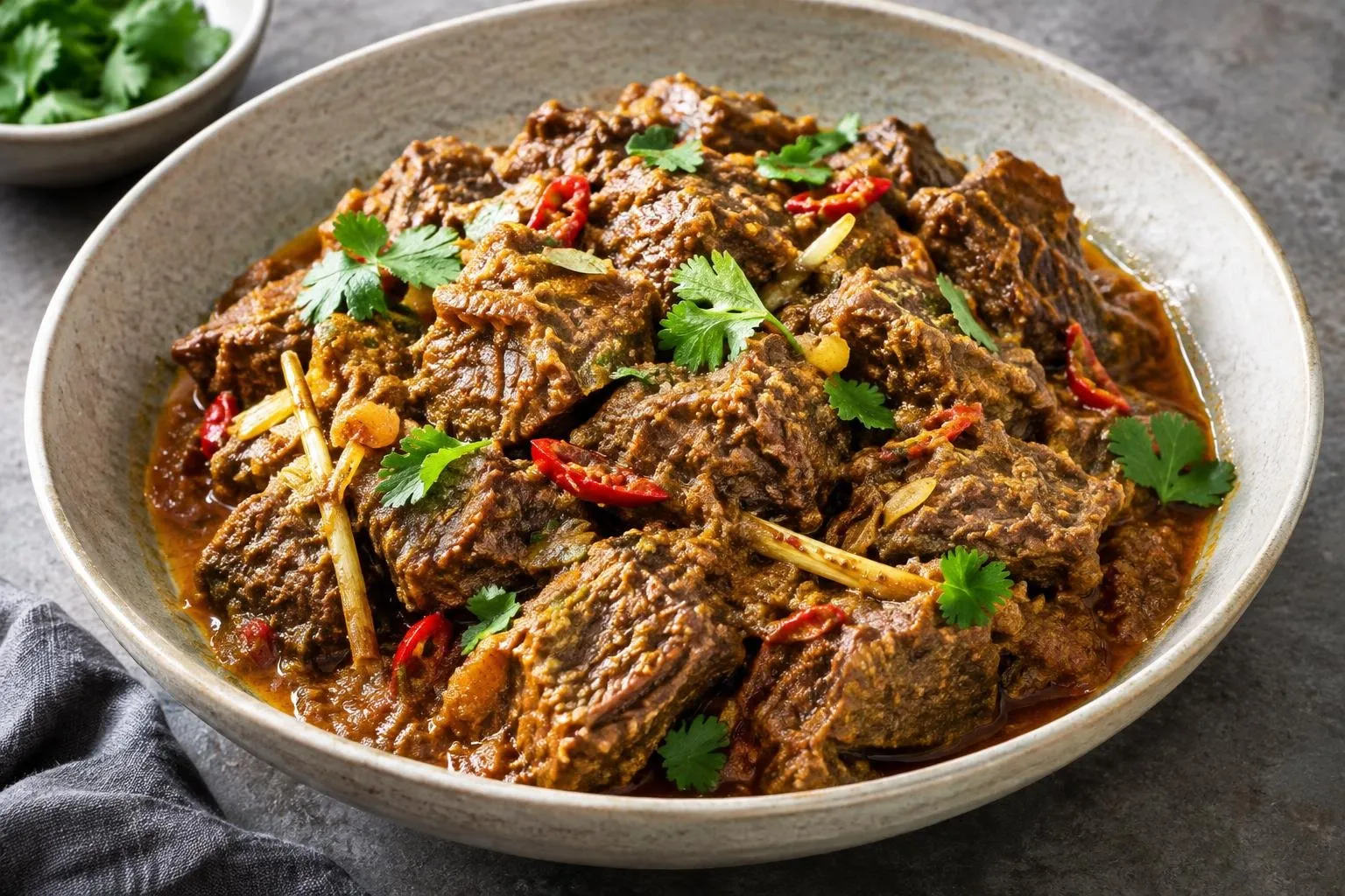Indonesian Beef Rendang Skillet Braise plated and ready to serve
