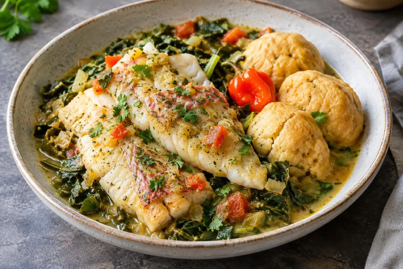 Caribbean Callaloo with Poached Snapper and Spiced Dumplings plated and ready to serve