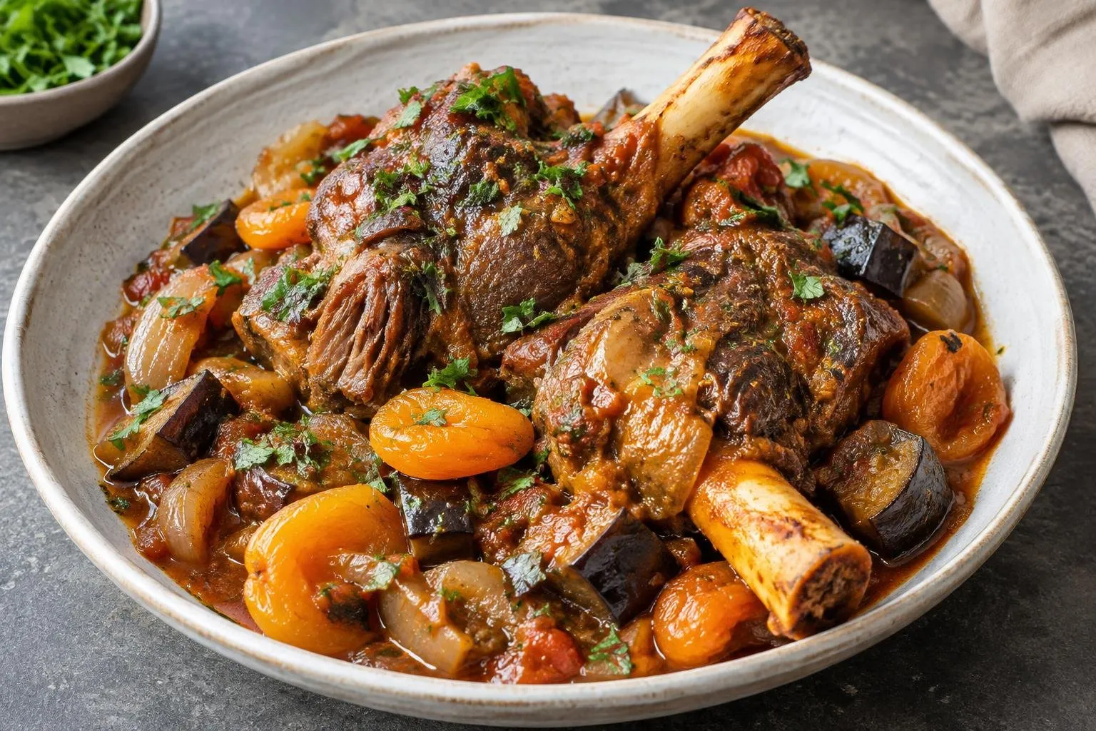 Pressure-Cooked Lebanese Lamb Shank with Eggplant and Apricot plated and ready to serve