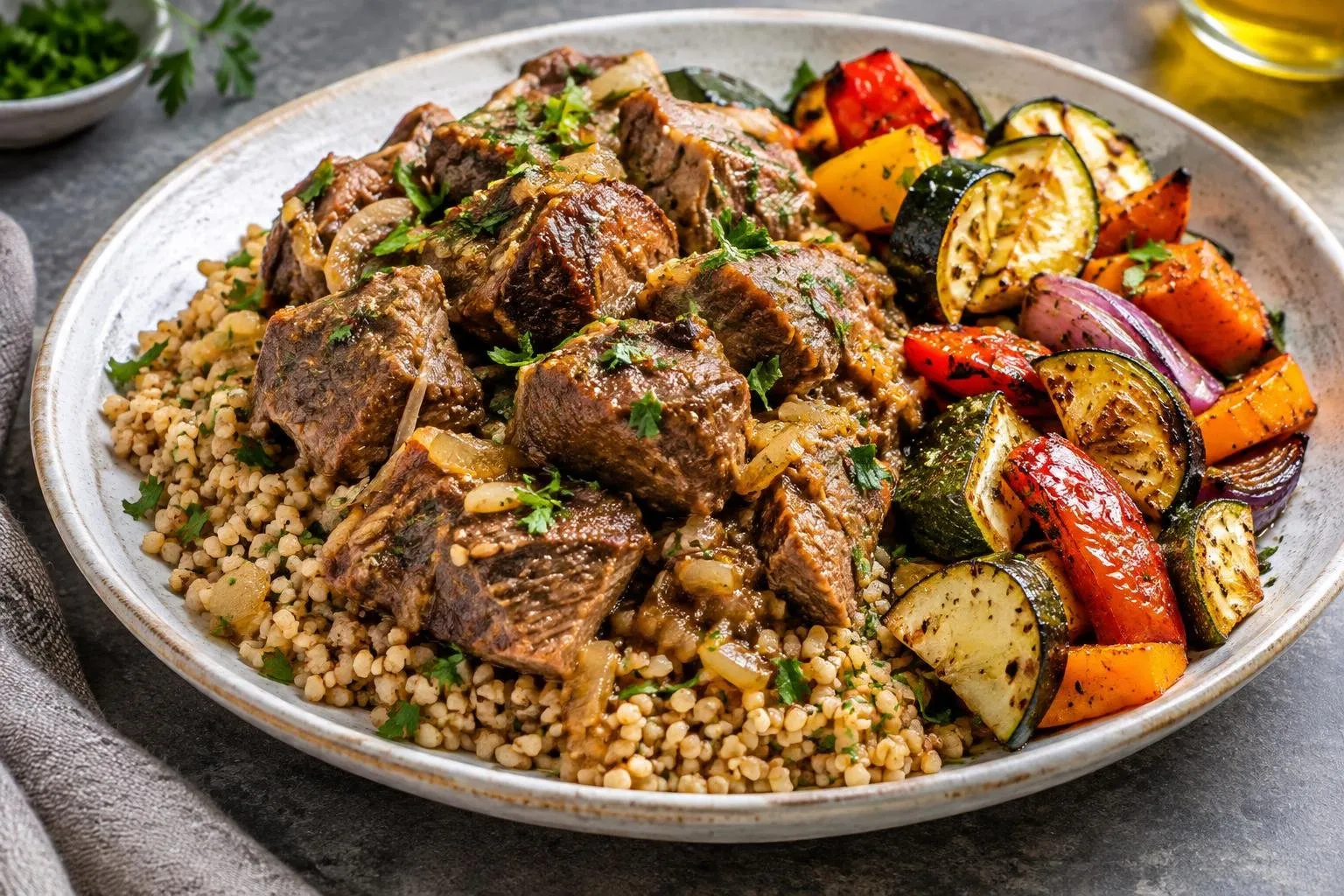 Lebanese Lamb and Bulgur Pilaf with Roasted Seasonal Vegetables plated and ready to serve