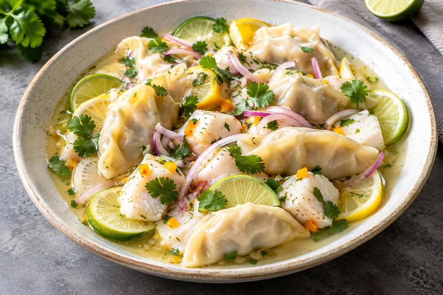 Peruvian Ceviche Dumplings with Citrus-Poached Fish plated and ready to serve