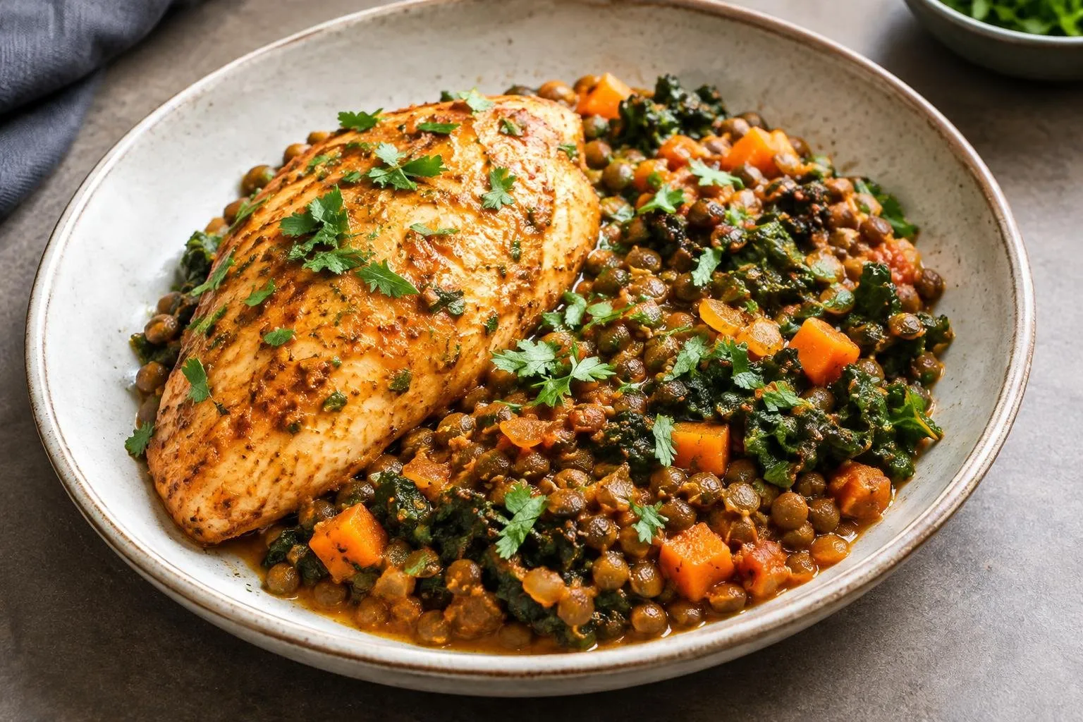 Ethiopian-Inspired Poached Chicken with Spiced Lentils plated and ready to serve