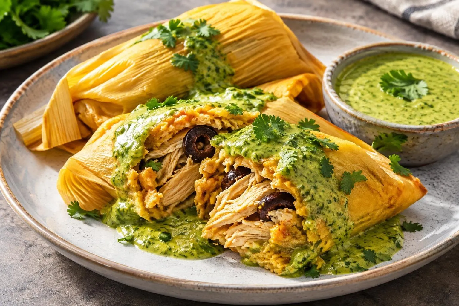 Peruvian Chicken Tamales with Aji Verde Sauce plated and ready to serve