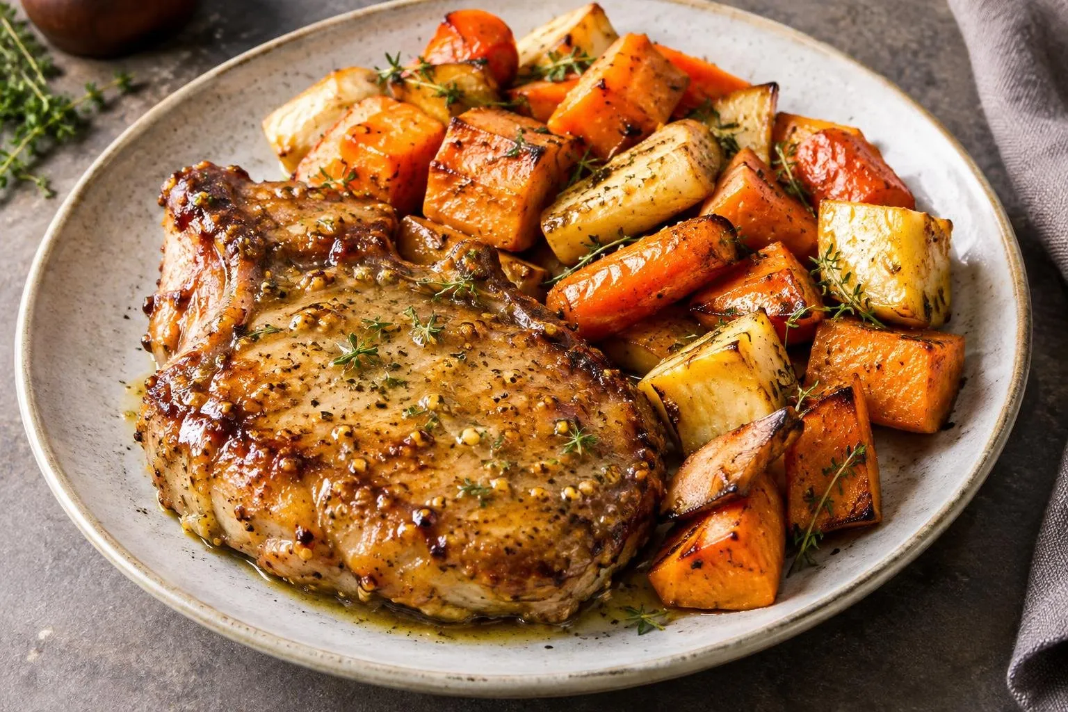 Honey-Mustard Glazed Pork Chops with Roasted Autumn Vegetables plated and ready to serve