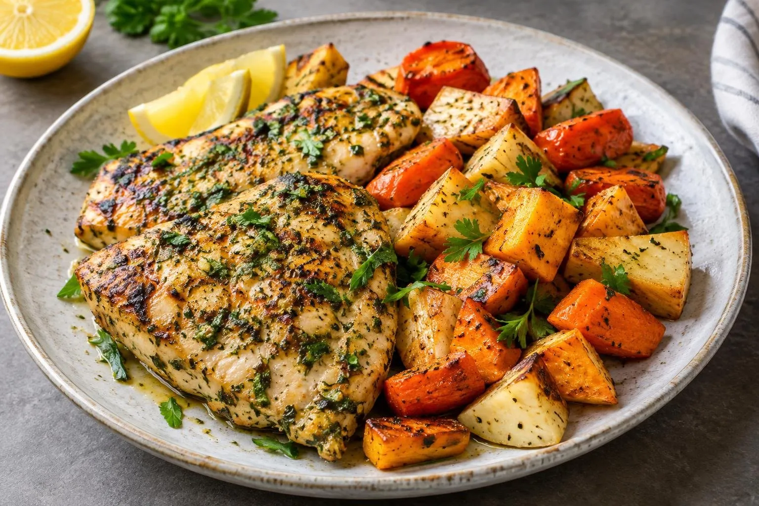 Lebanese Lemon Herb Chicken with Roasted Seasonal Vegetables plated and ready to serve