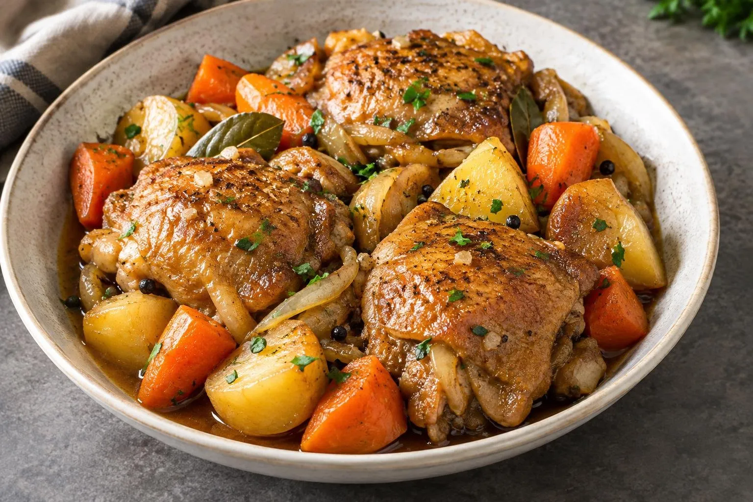 Adobo-Inspired Braised Chicken Thighs with Seasonal Vegetables plated and ready to serve
