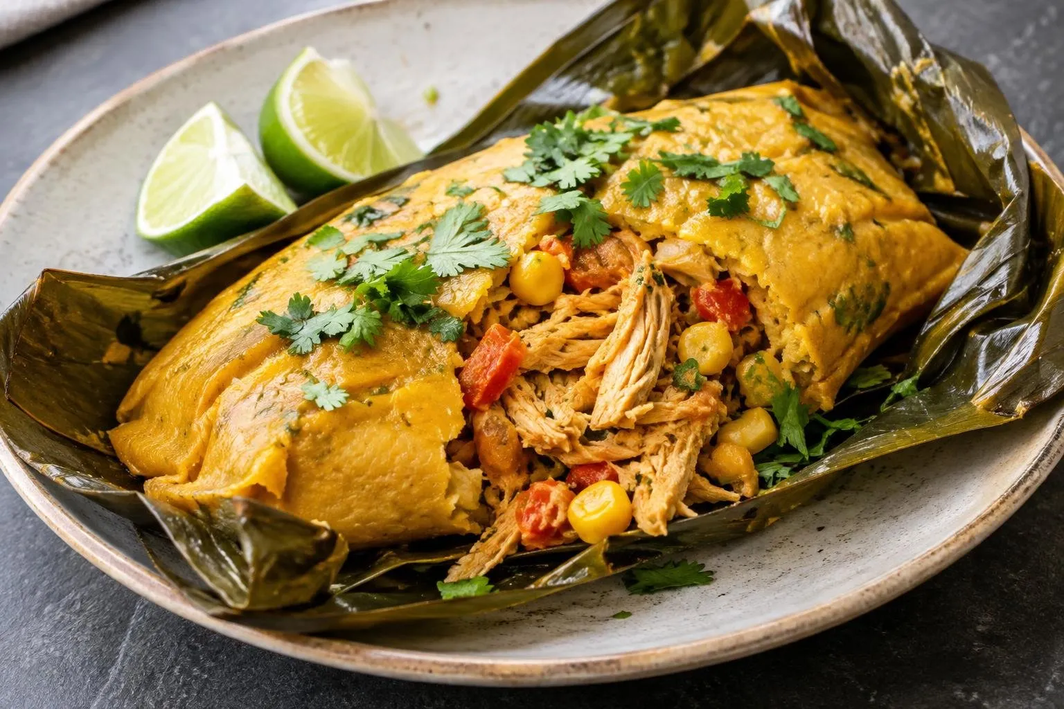 Steamed Peruvian Chicken Tamales plated and ready to serve