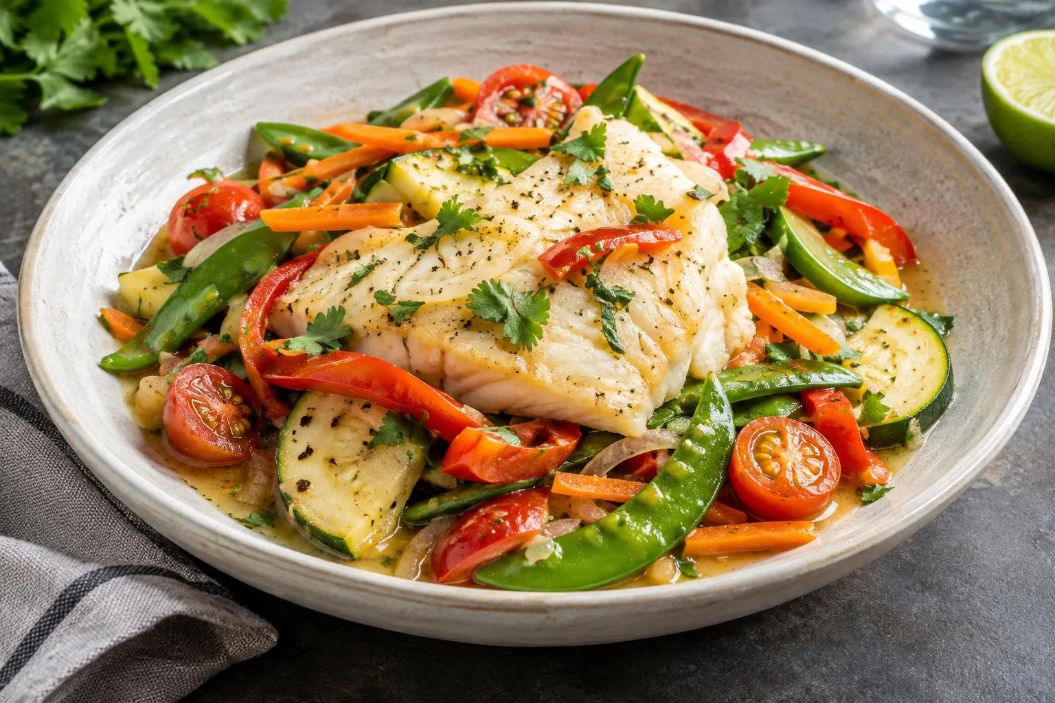 Caribbean Poached Fish with Seasonal Vegetables plated and ready to serve