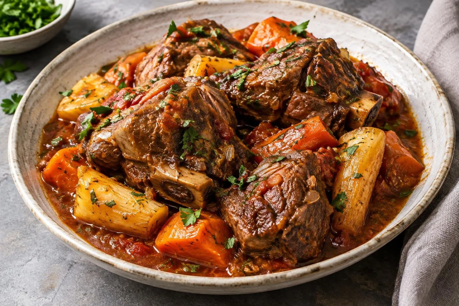 Lebanese Slow-Braised Lamb with Seasonal Root Vegetables plated and ready to serve