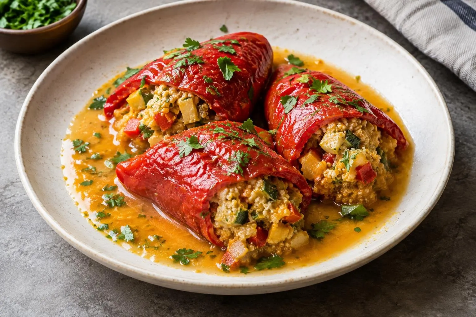 Peruvian Stuffed Piquillo Peppers with Quinoa and Egg plated and ready to serve