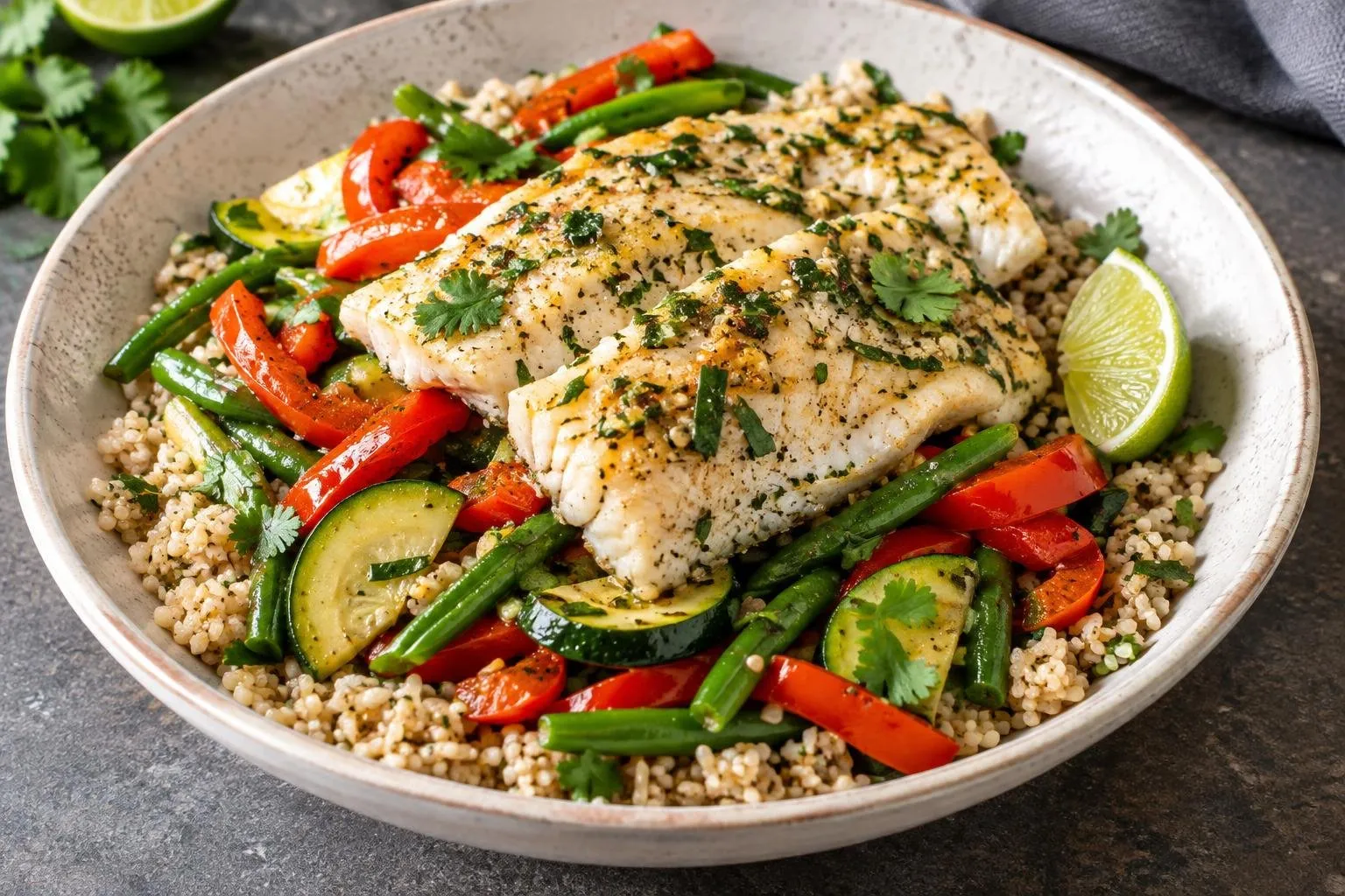 Caribbean-Style Steamed Fish Grain Bowl with Seasonal Vegetables plated and ready to serve
