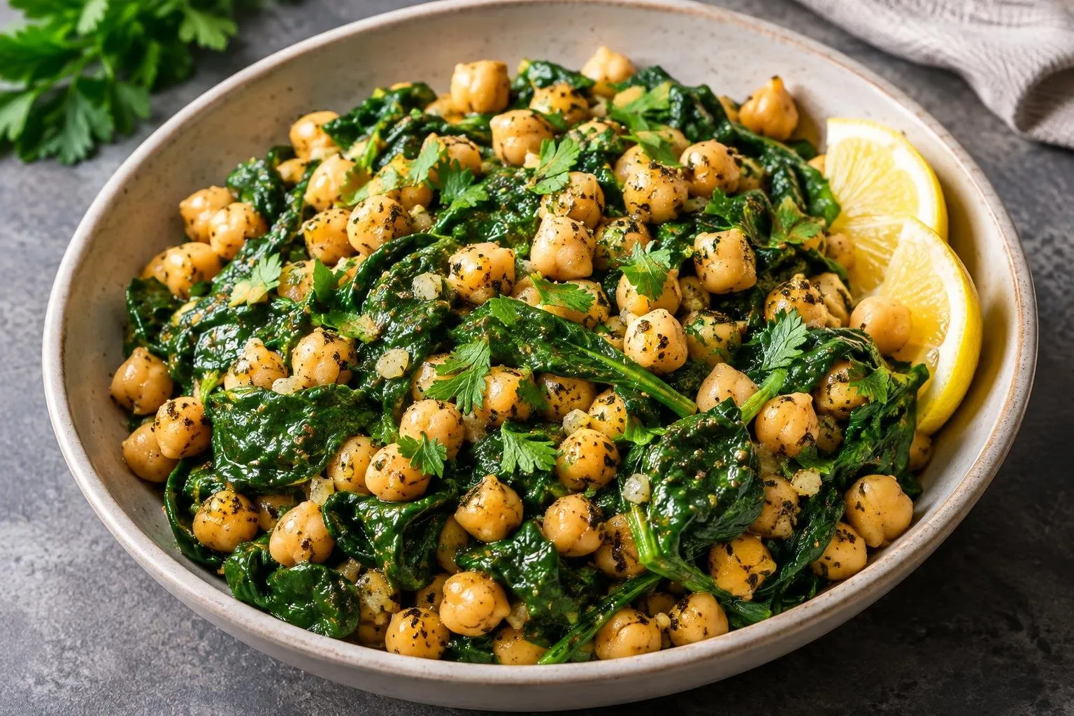 Lebanese Chickpea and Spinach Skillet Supper plated and ready to serve