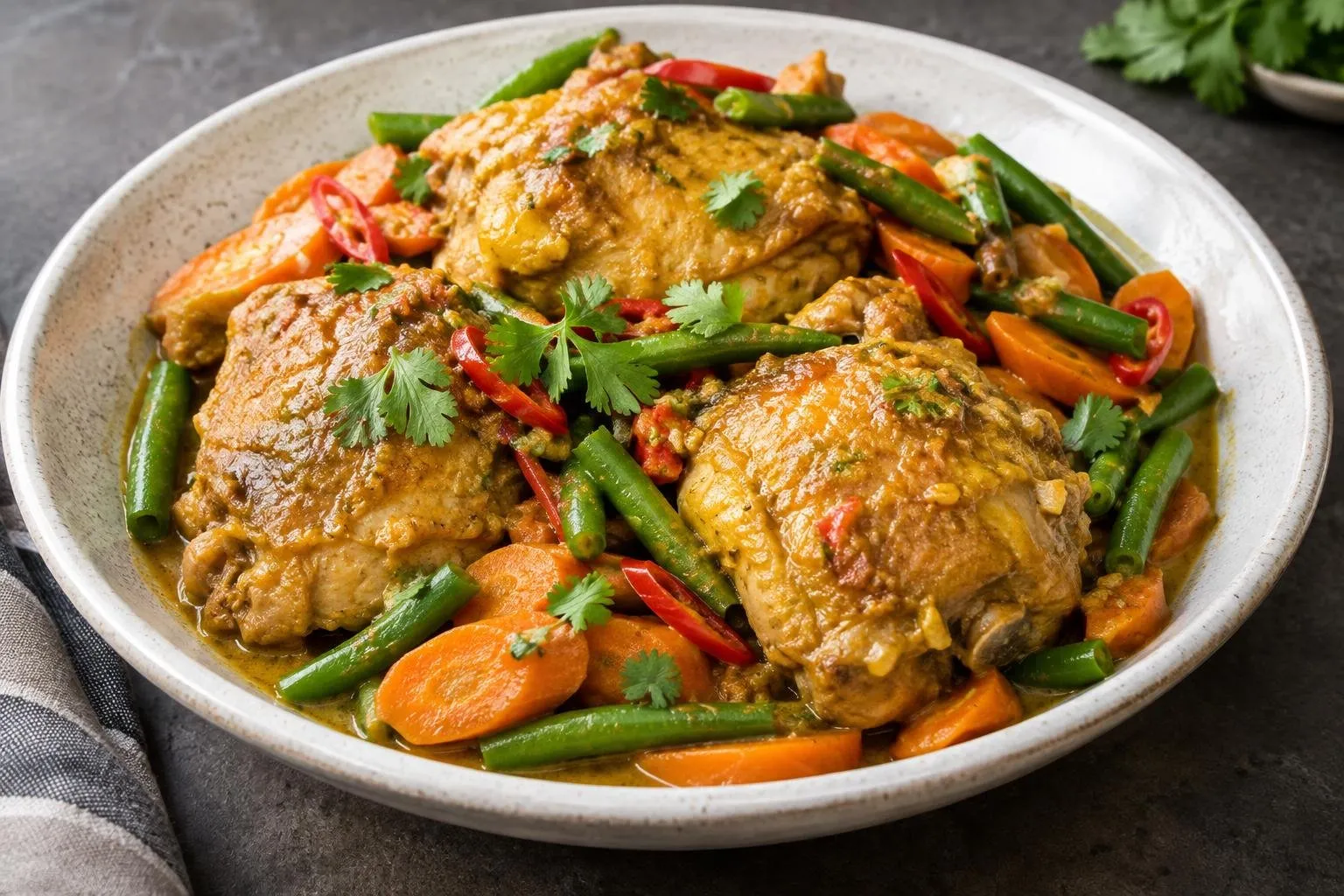 Indonesian Braised Chicken with Seasonal Vegetables plated and ready to serve