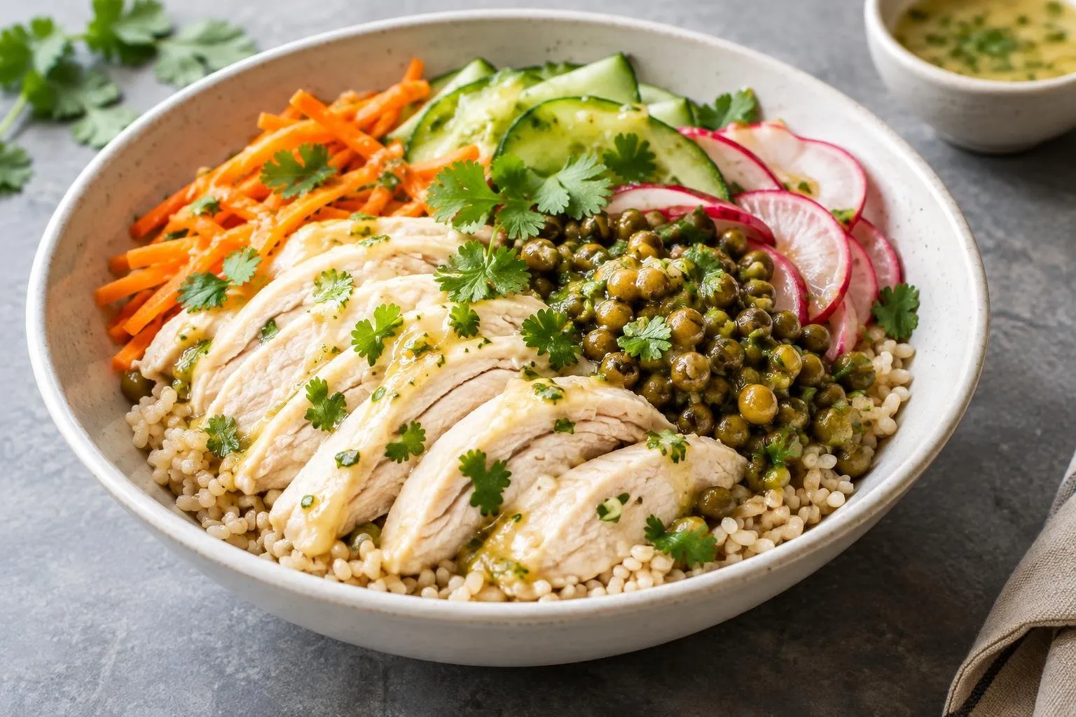 Poached Chicken and Mung Bean Grain Bowl plated and ready to serve