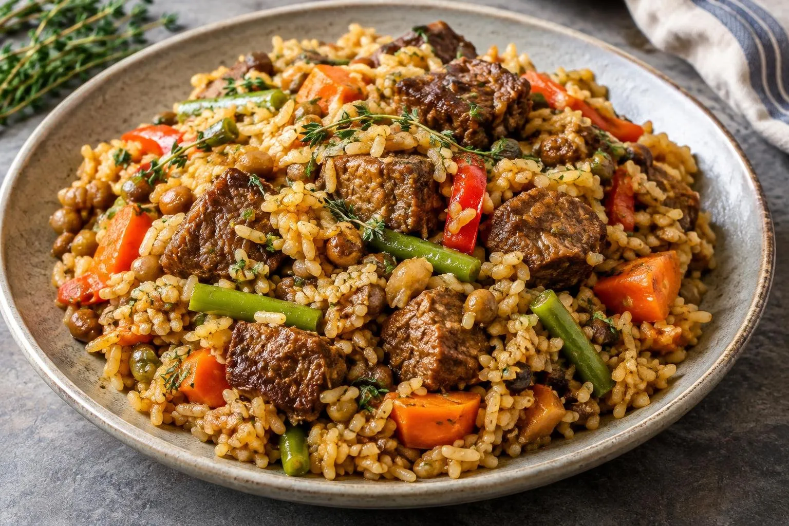 Caribbean Pressure-Cooked Beef Pelau with Vegetables plated and ready to serve