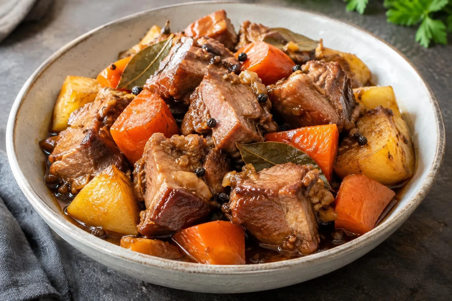 Slow-Braised Filipino Pork Adobo plated and ready to serve