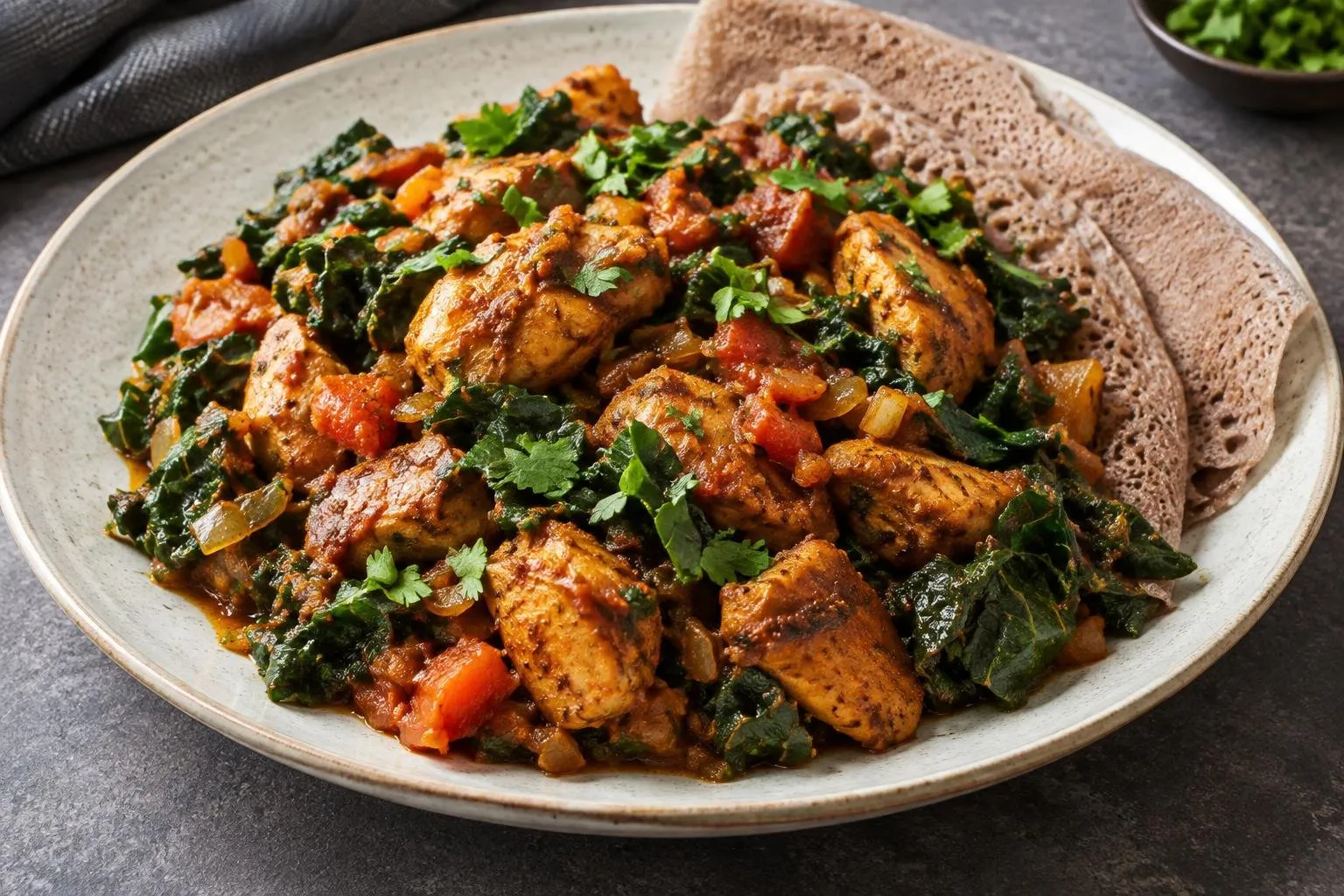 Ethiopian-Inspired Spiced Chicken Tibs with Seasonal Greens plated and ready to serve