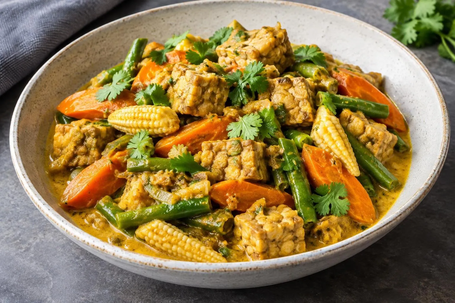 Indonesian Braised Tempeh with Seasonal Vegetables plated and ready to serve