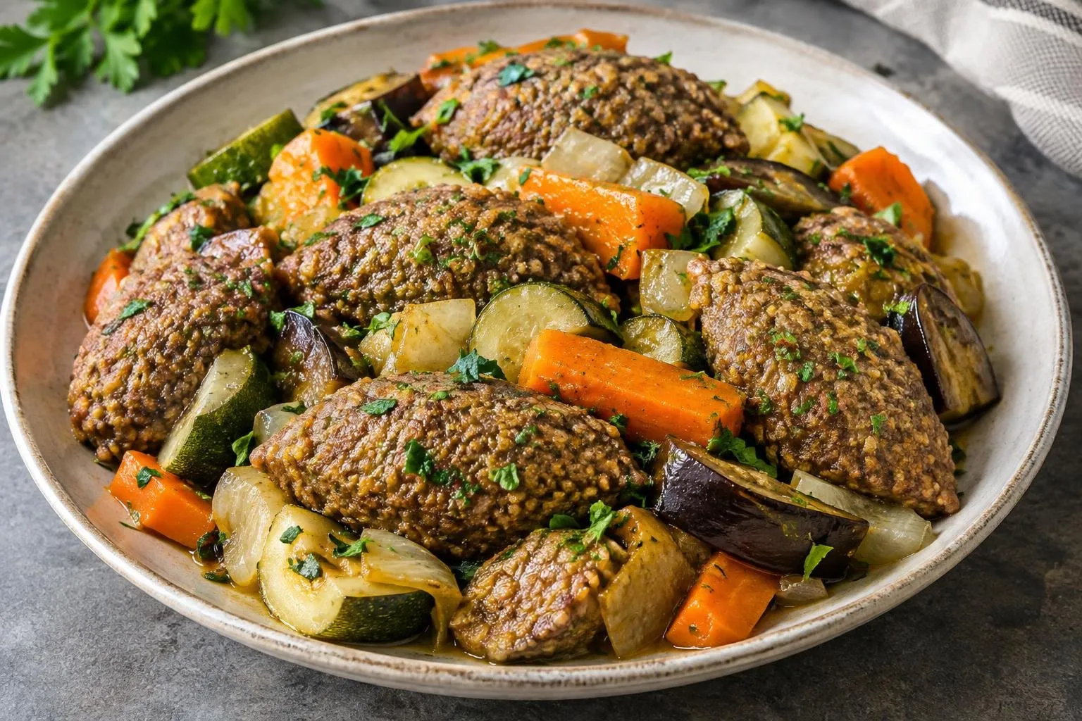 Lebanese Steamed Vegetable Kibbeh plated and ready to serve