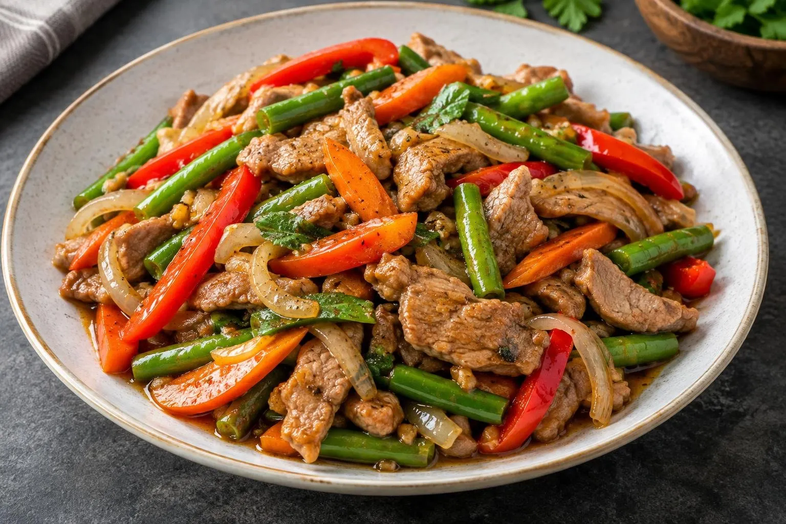 Filipino Pork and Vegetable Skillet Supper plated and ready to serve