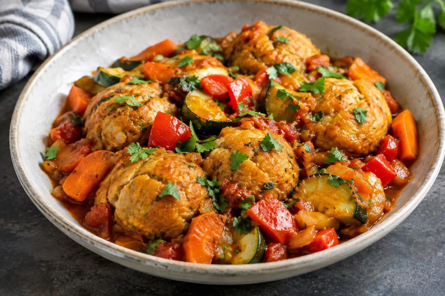 Ethiopian-Inspired Lentil Dumplings with Spiced Seasonal Vegetables plated and ready to serve
