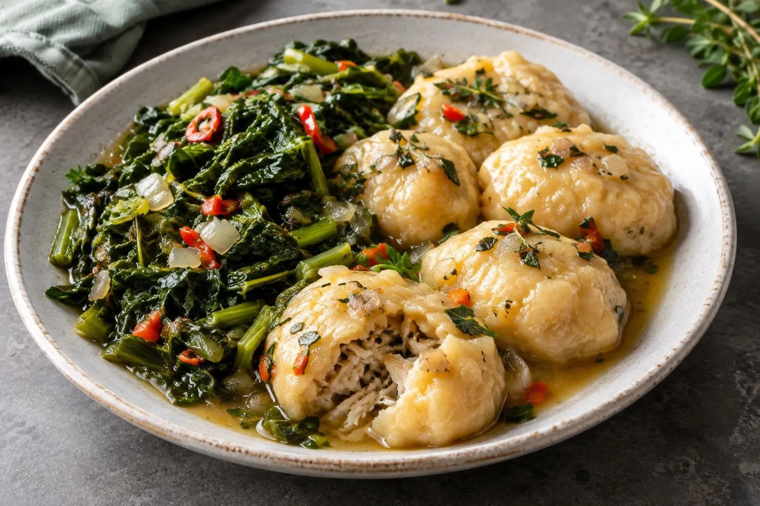 Caribbean Steamed Callaloo and Saltfish Dumplings plated and ready to serve
