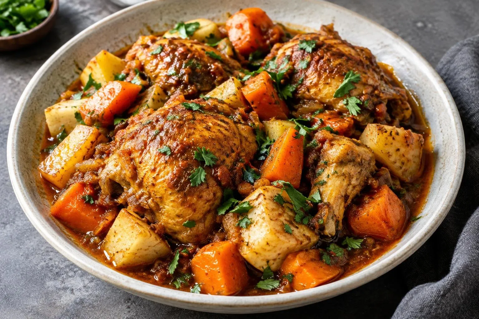 Slow-Braised Doro Wat with Seasonal Root Vegetables plated and ready to serve