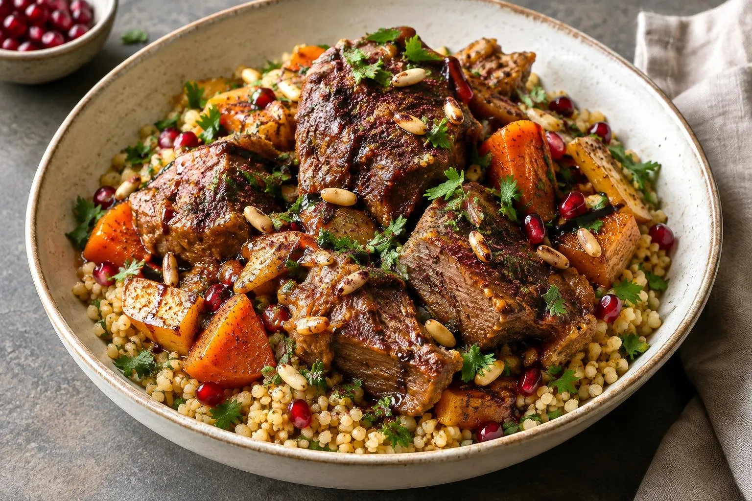Lebanese Slow-Braised Lamb with Sumac and Bulgur Grain Bowl plated and ready to serve