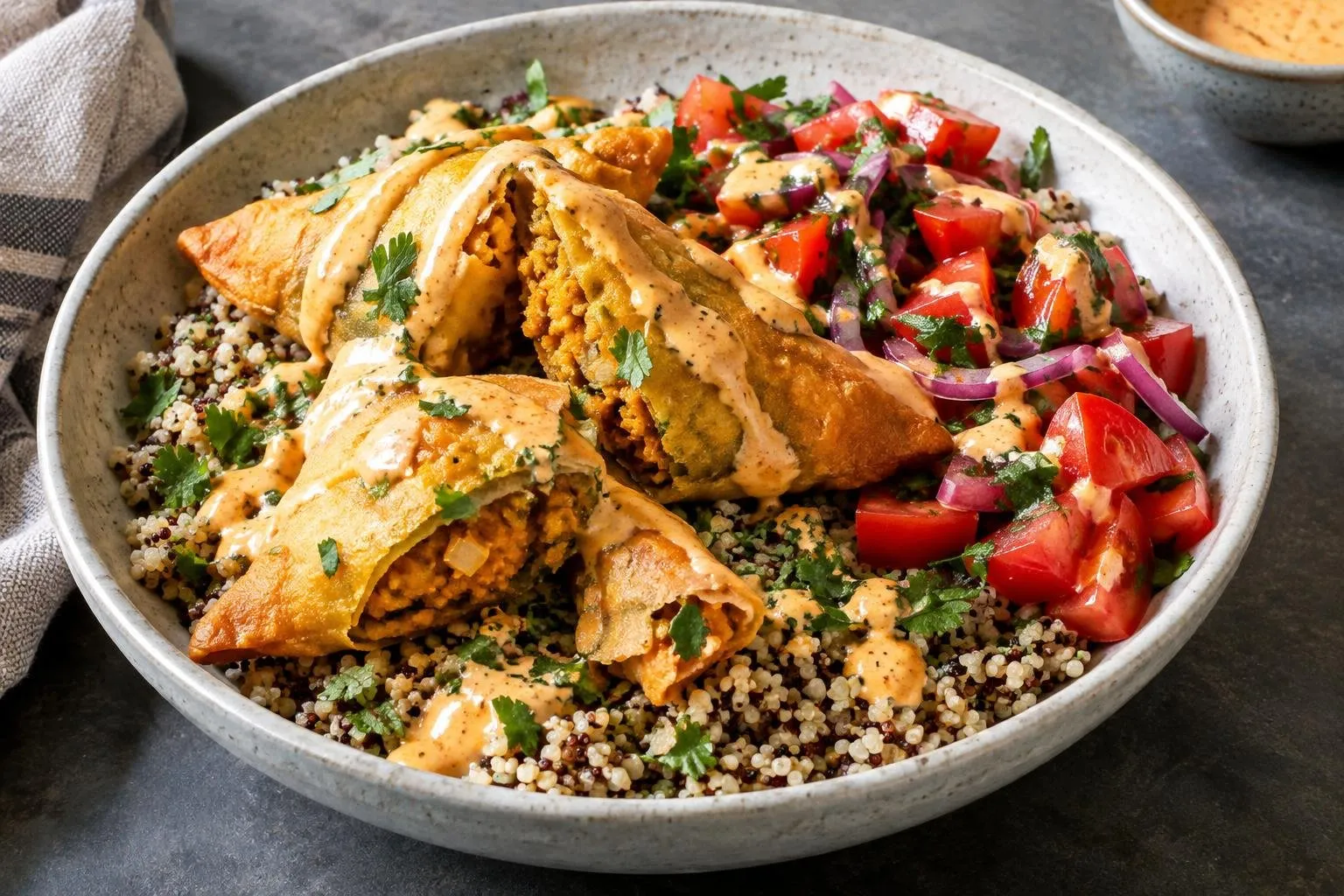 Ethiopian-Inspired Lentil Sambusa Grain Bowl plated and ready to serve