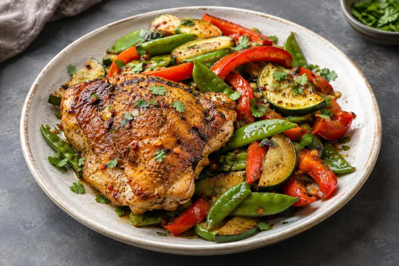 Seared Peruvian Chicken with Stir-Fried Seasonal Vegetables plated and ready to serve