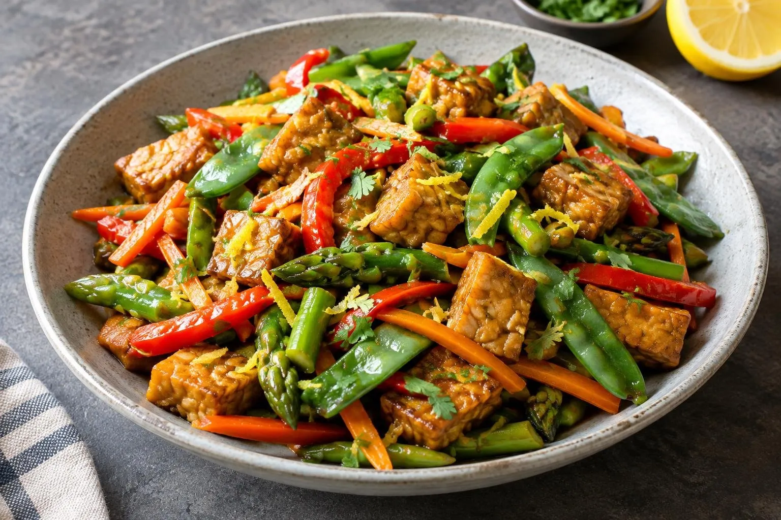 Spring Vegetable and Tempeh Stir-Fry with Lemon-Ginger Sauce plated and ready to serve