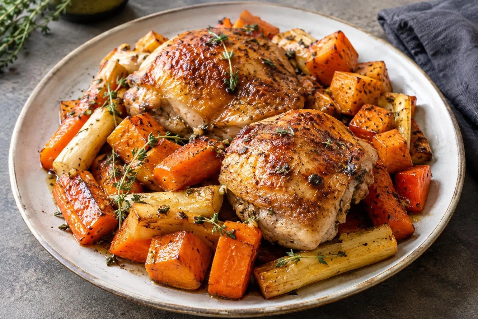 Autumn Roasted Chicken with Maple-Glazed Root Vegetables plated and ready to serve