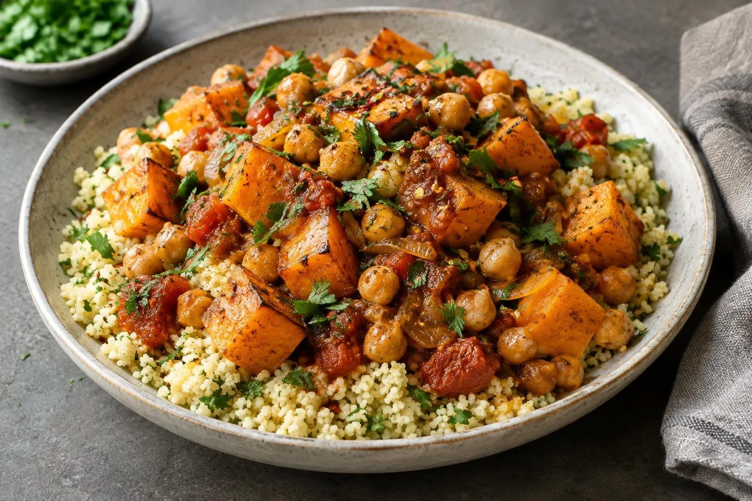 Roasted Butternut Squash and Chickpea Tagine with Herb Couscous plated and ready to serve