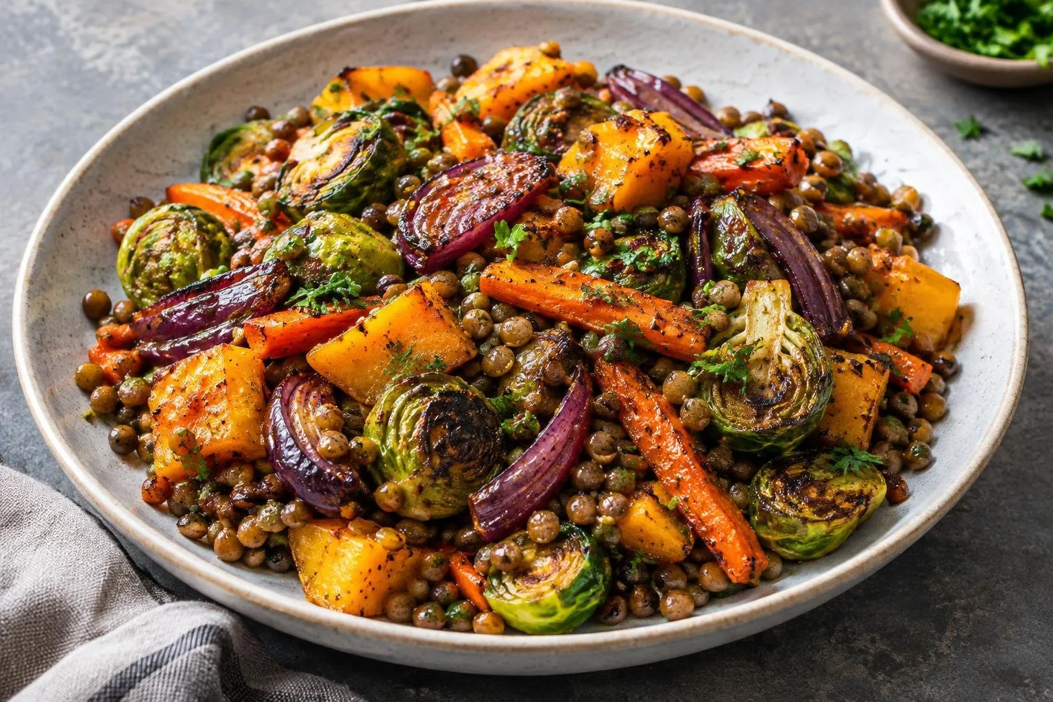 Charred Fall Vegetable and Lentil Medley with Smoky Maple Glaze plated and ready to serve