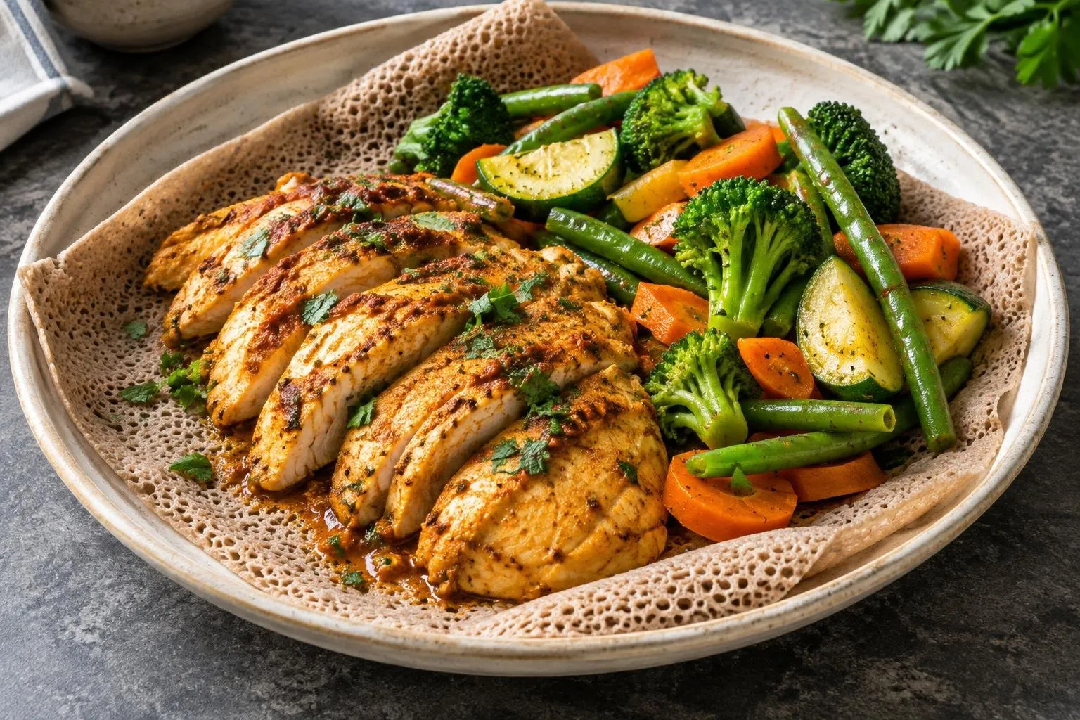 Ethiopian-Inspired Poached Chicken with Teff Injera and Steamed Seasonal Vegetables plated and ready to serve