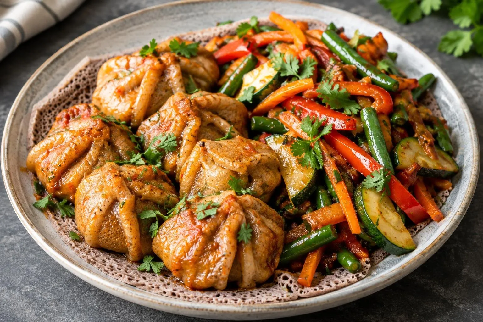 Ethiopian-Inspired Vegetarian Injera Dumplings with Stir-Fried Seasonal Vegetables plated and ready to serve