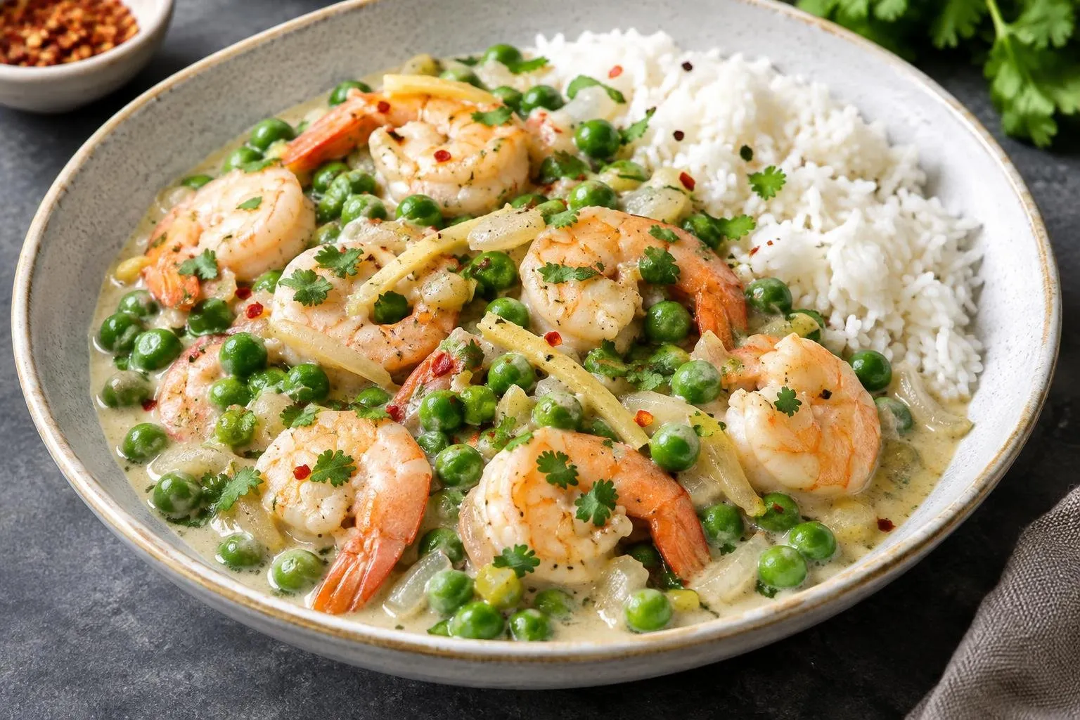 Ginataang Guisantes with Shrimp plated and ready to serve