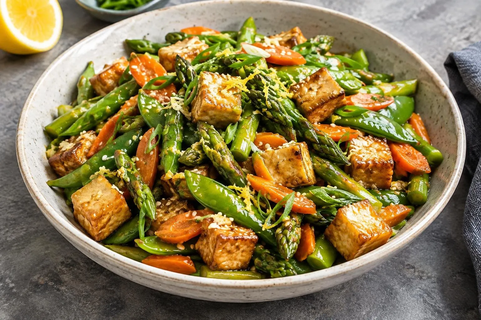 Spring Vegetable and Tofu Stir-Fry with Lemon-Ginger Sauce plated and ready to serve