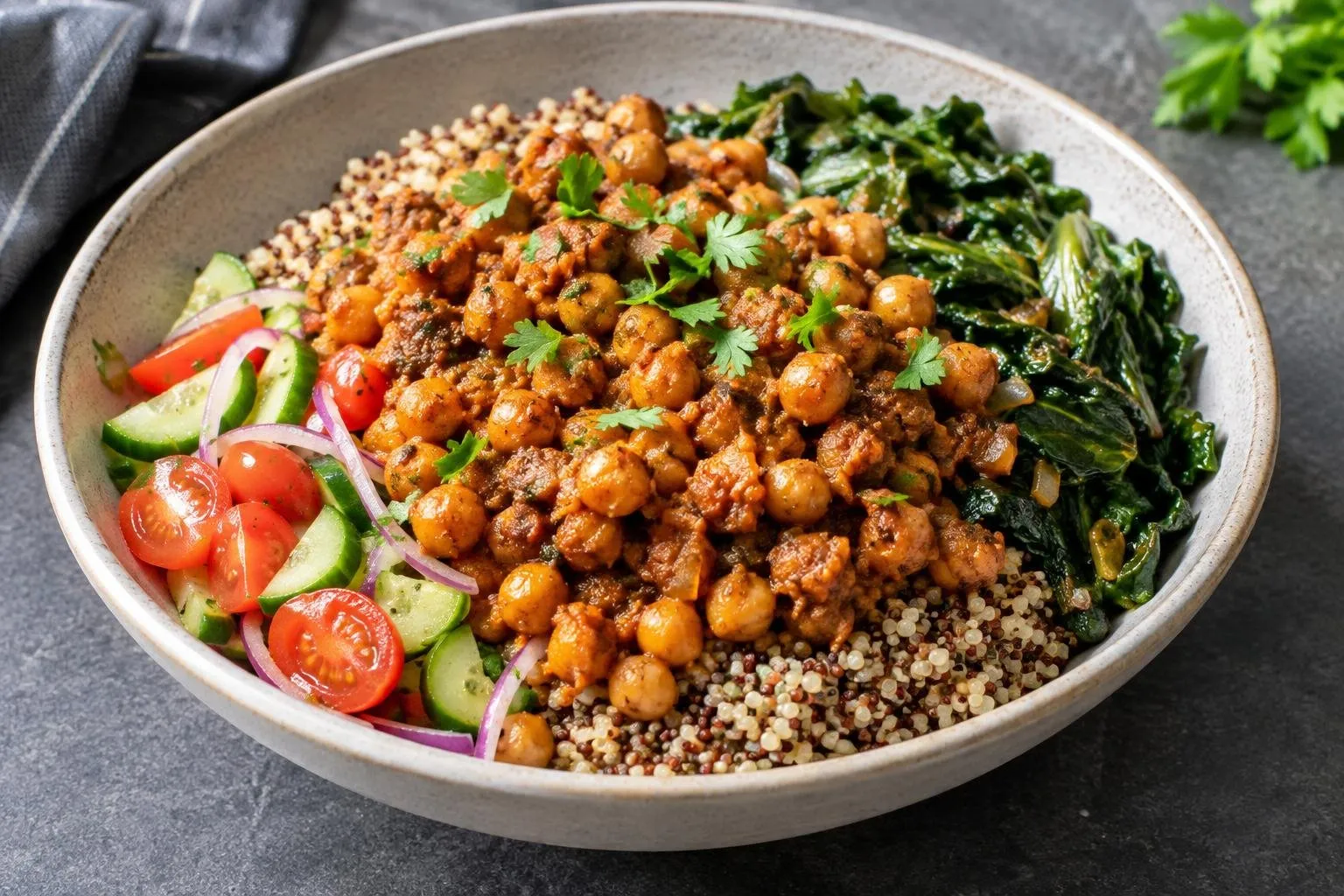 Ethiopian-Inspired Spiced Chickpea Grain Bowl plated and ready to serve