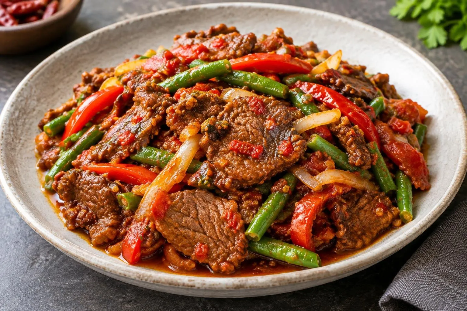Indonesian Beef Dendeng Balado Braise plated and ready to serve