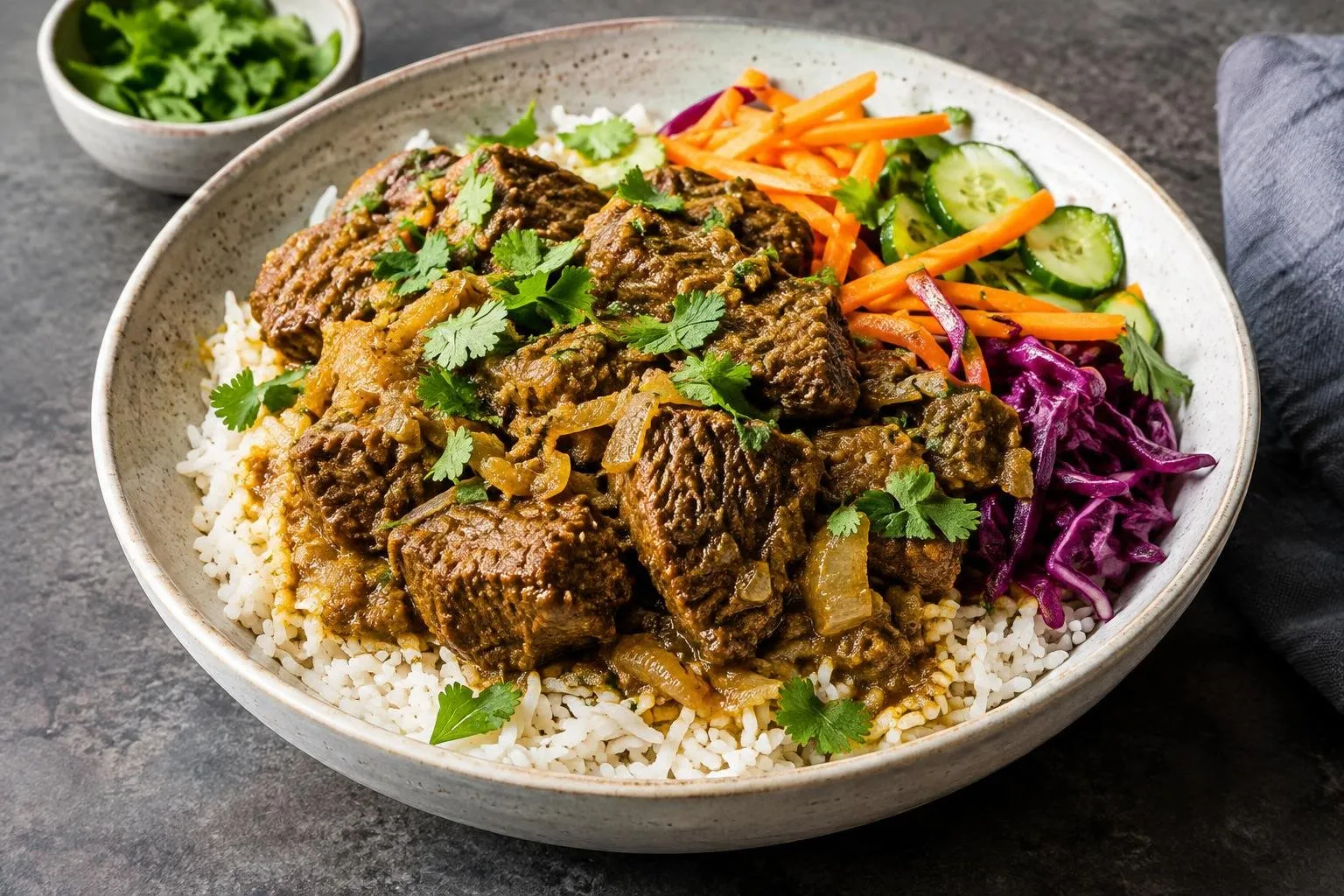 Indonesian Spiced Coconut Beef Grain Bowl plated and ready to serve