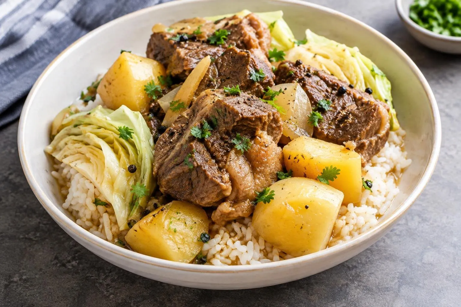 Slow-Braised Filipino Beef Nilaga Grain Bowl plated and ready to serve