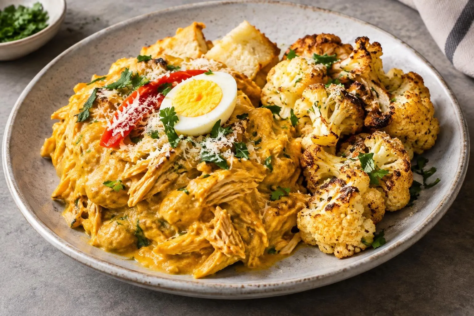 Peruvian Aji de Gallina with Roasted Cauliflower plated and ready to serve