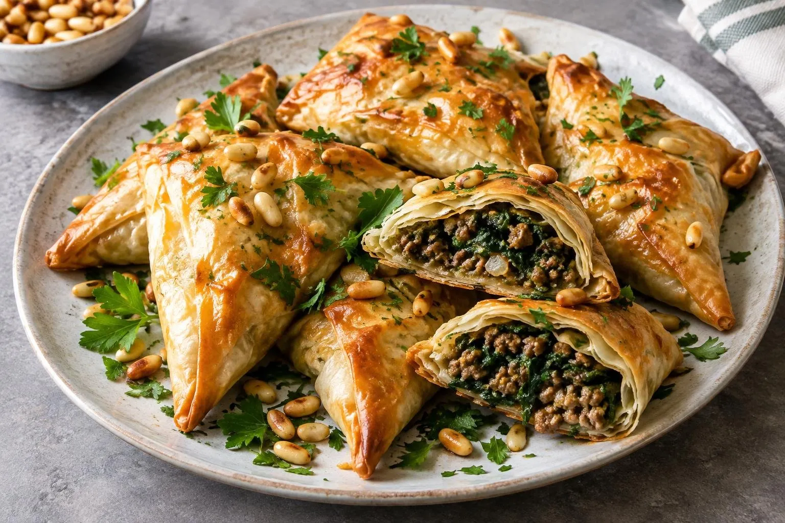 Lebanese Spinach and Beef Sambousek plated and ready to serve