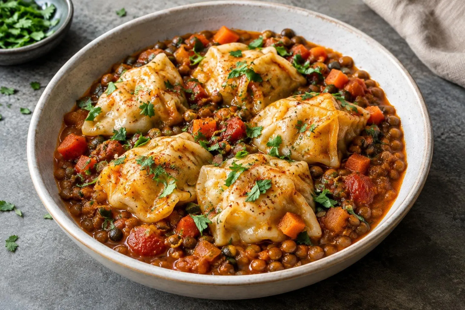 Ethiopian-Inspired Chicken Dumplings with Lentil Berbere Sauce plated and ready to serve