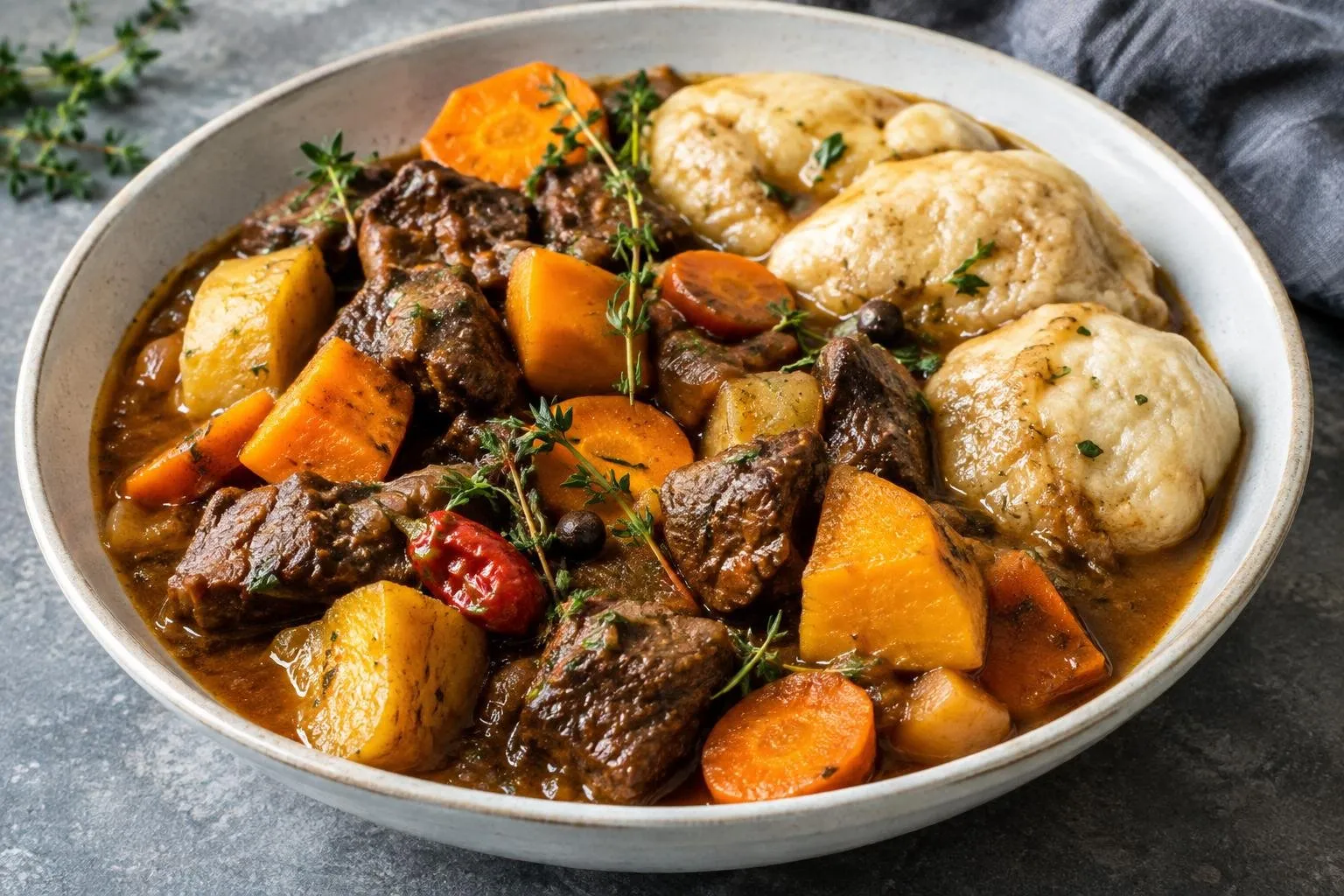 Jamaican Beef Stew with Dumplings plated and ready to serve