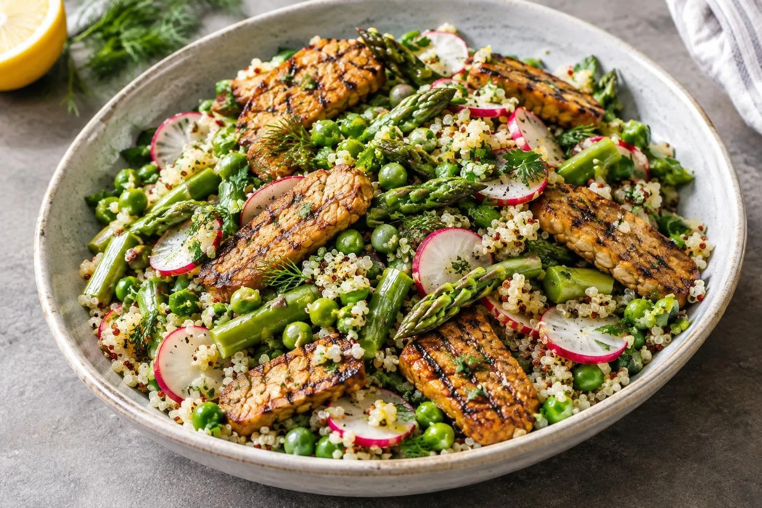 Spring Vegetable and Lemon Herb Quinoa Salad with Grilled Tempeh plated and ready to serve