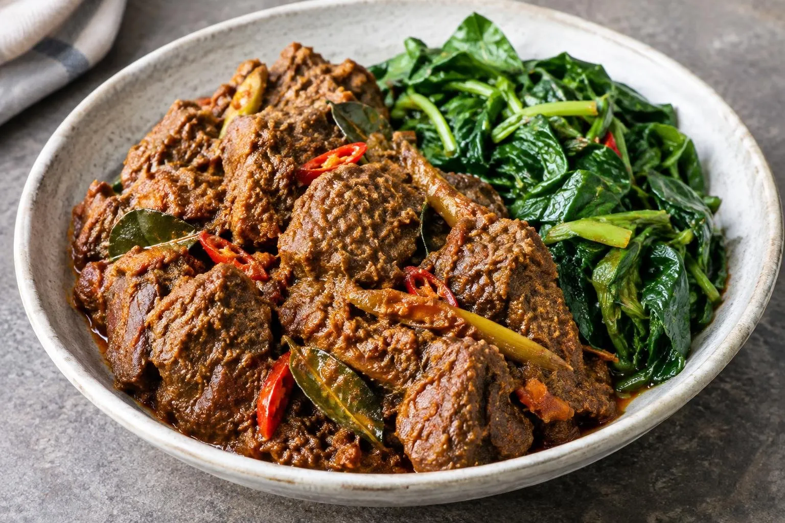 Slow-Braised Indonesian Beef Rendang with Steamed Cassava Leaves plated and ready to serve